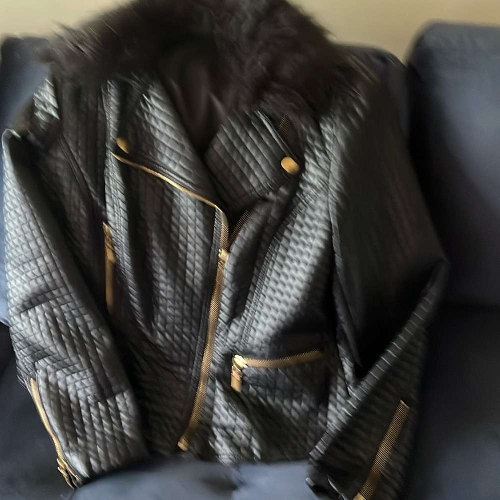 Black quilt like faux leather moto jacket